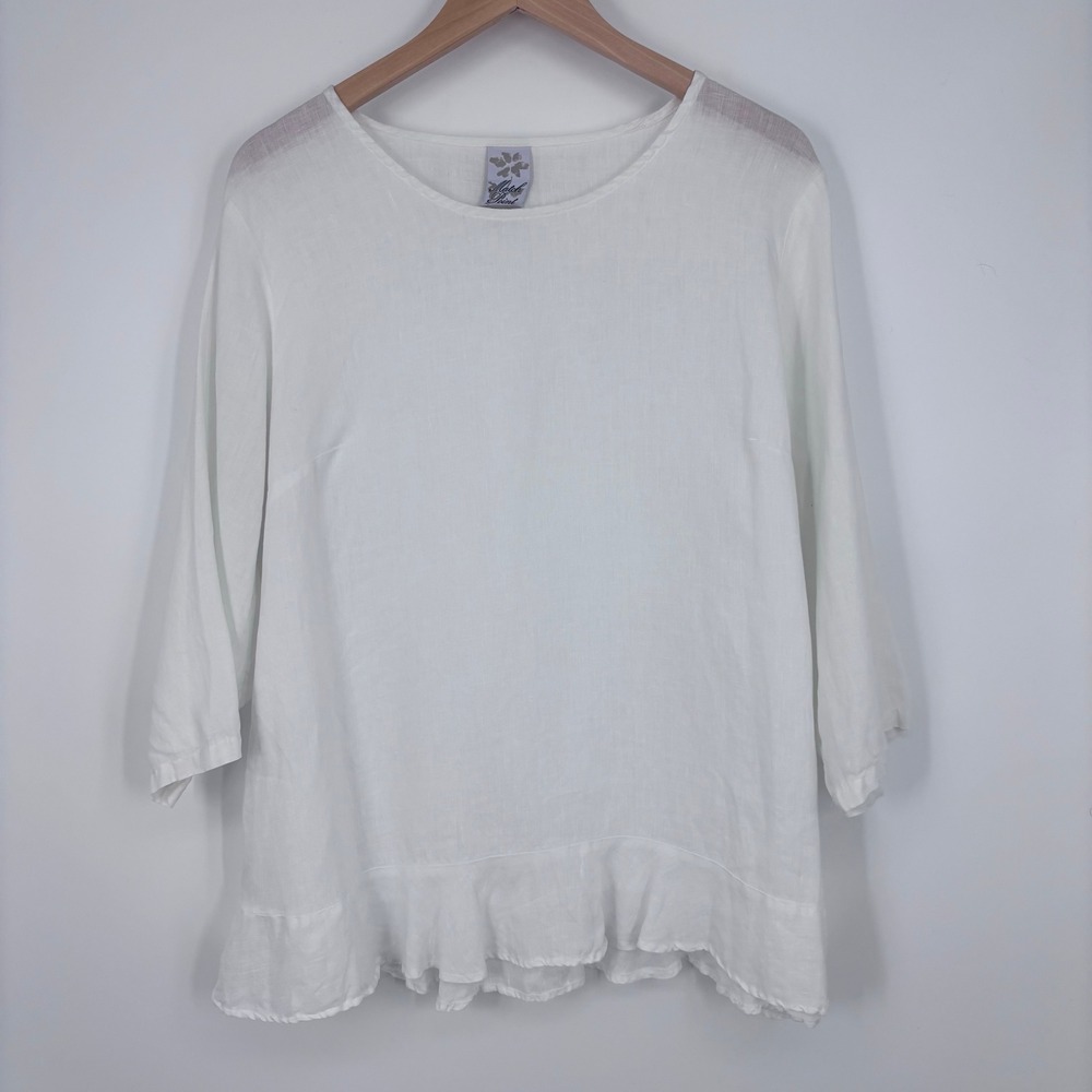 Match Point White Linen Ruffle Hem 3/4 Sleeve Blouse Sz XL Measured Coastal Top